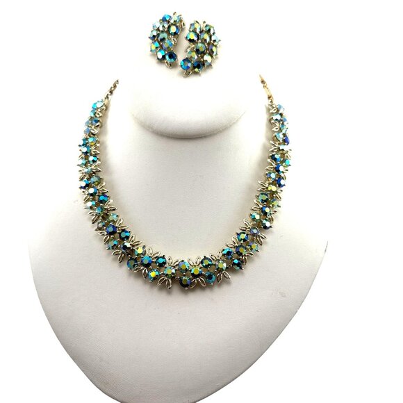 Vintage Aurora Borealis Rhinestone Necklace & Earrings Set Gold Tone Floral Clus - Picture 3 of 14